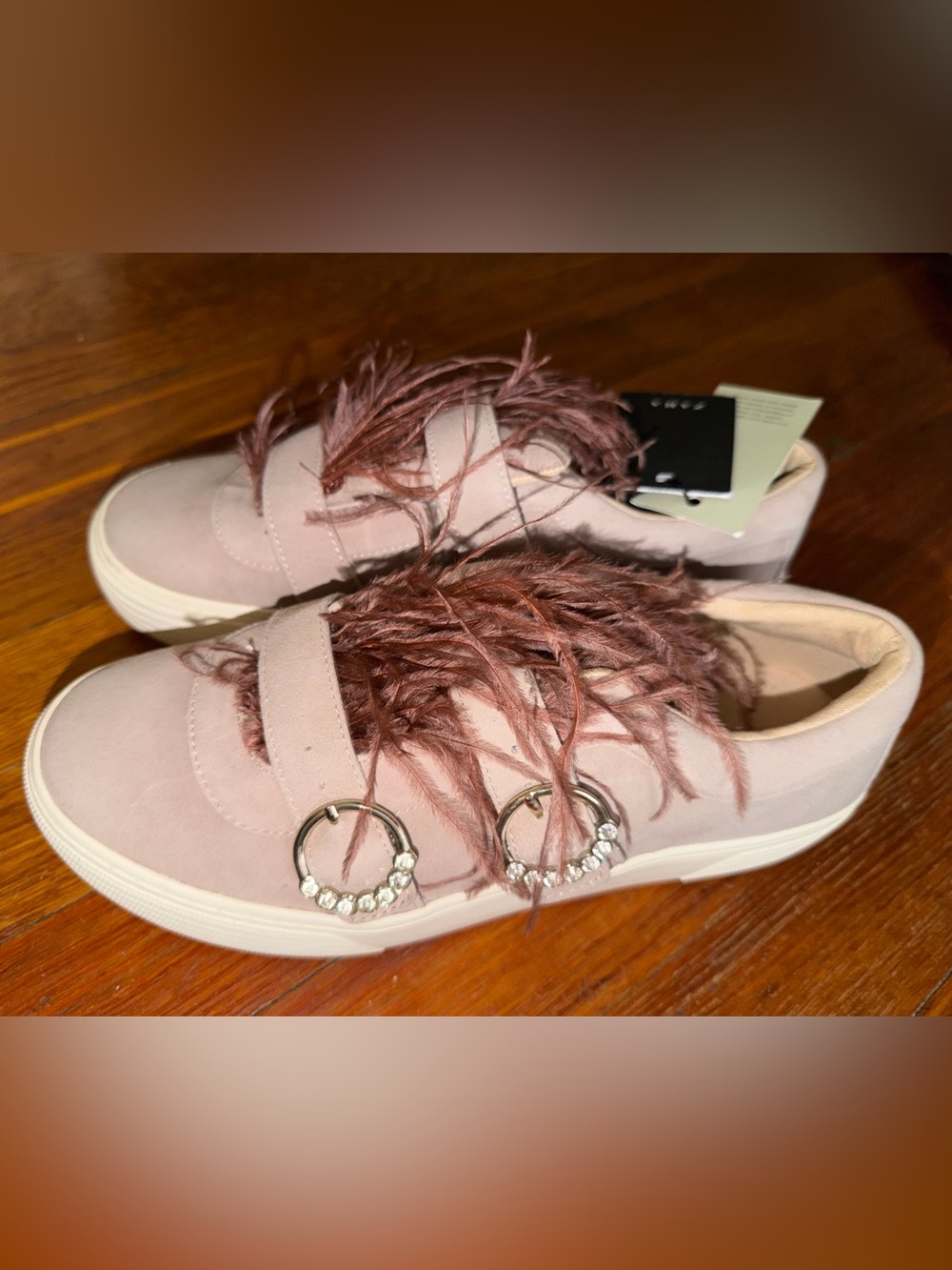 NWT Zara Blush Pink Feather-Trim Slip-On Sneakers with Rhinestone Rings SZ10